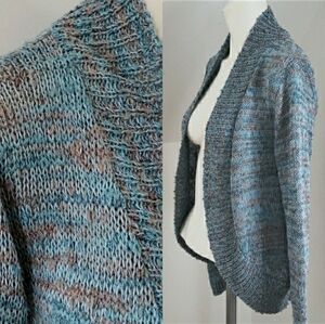 Heidi Hess hand loomed in the USA turquoise grey medley open cardigan sweater. M